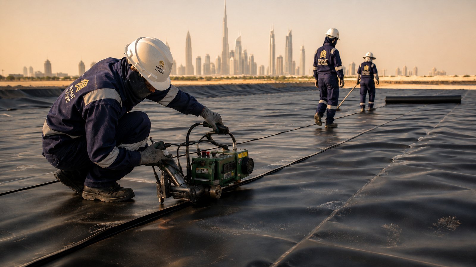 Najmat Al Faris crew welding an HDPE geomembrane liner · Dubai