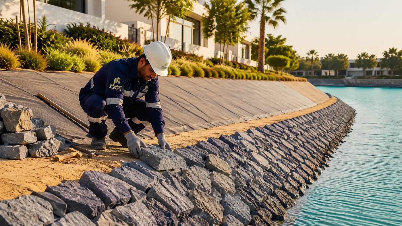 Stone pitching over geotextile · Dubai villa project